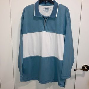 Women blue and white front half zip top. Moving Bleu.